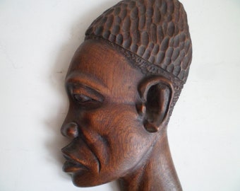 Vintage wooden decor on the wall "African Boy". Made in the USSR in 1970's.