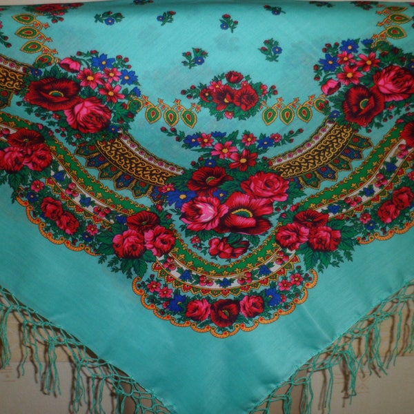 SALE! Big Aquamarine, Magic Mint Folk SCARF Large Ukrainian Head Scarf Ethnic Russian Shawl With Tassels, Floral Shawl Turquoise Shawl