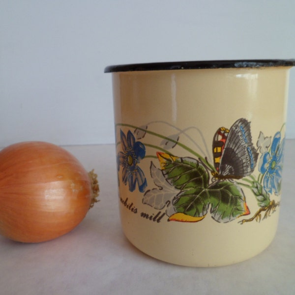 Beige Enameled Mug with Butterfly - Vintage enameled Mug with Black Rim - 400 ml - Made in USSR in 70's