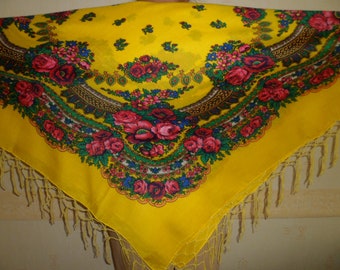 SALE! Big Yellow  Folk SCARF Large Ukrainian Shawl Ethnic Russian Shawl, Ethnic Floral Shawl, Shawl With Tassels Wool Acrylic