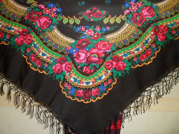 SALE! Big BLACK Folk SCARF Ukrainian Russian Shaw… - image 1