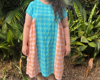 Women’s handmade summer dress gingham seersucker 100% cotton