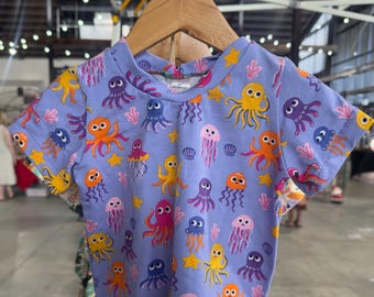 Purple jellyfish and octopus shirt Tshirt tee kids boy girl Handmade clothes neutral unisex