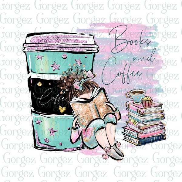 Books and Coffee PNG. Book worm, Love Reading, Coffee, Book lover, Coffee lover. Sublimation.  Digital Download. Not a Physical Item.