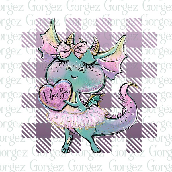 Cute Valentine dragon in tutu holding love heart with purple buffalo plaid background PNG. Digital download, Not a Physical Item