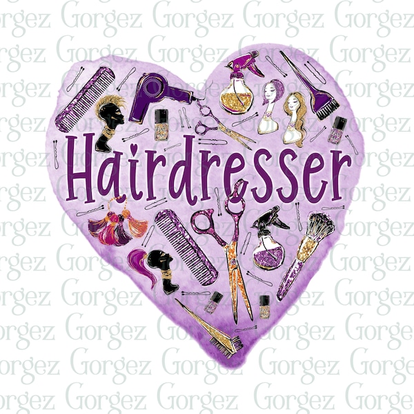 Purple Heart Hairdresser Design PNG. Hair dryer. Comb. Hair pins. Bobby pins. scissors. Digital download, Not a Physical Item.