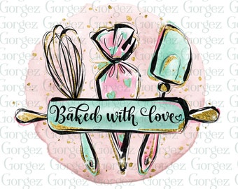 Baked with love kitchen design PNG. Apron, rolling pin. whisk. kitchen tools, kitchen utensils. Digital download. Not a physical item.