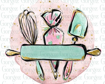 Kitchen design PNG. Add your own text.  Apron, rolling pin. whisk. kitchen tools, kitchen utensils. Digital download. Not a physical item.
