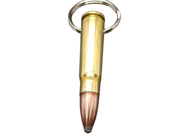 May include: A brass bullet keychain with a silver key ring. The bullet has a copper-colored tip and a gold-colored casing. The keychain is designed to be a novelty item.