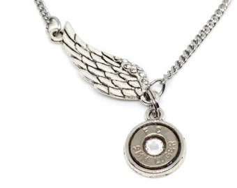 Rhinestone angel wing bullet necklace choose birthstone and caliber