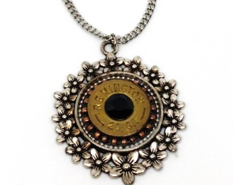 20-Gauge Shotgun Shell Necklace Flower Necklace Jet Black Crystal Mixed Metal Silver Copper Brass Ammo Jewelry Bullet Necklace  Shootergirl