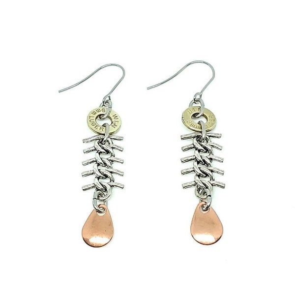 Fish bone earrings with bullet casings and fish lures