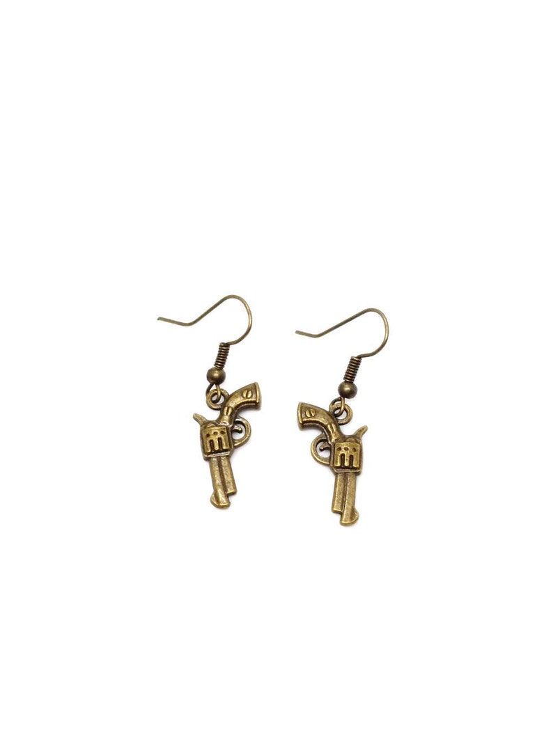 Antique brass .38 special bullet necklace and pistol earrings