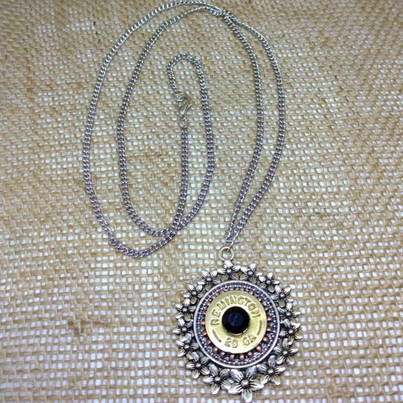 20-Gauge Shotgun Shell Necklace Flower Necklace Jet Black Crystal Mixed Metal Silver Copper Brass Ammo Jewelry Bullet Necklace  Shootergirl
