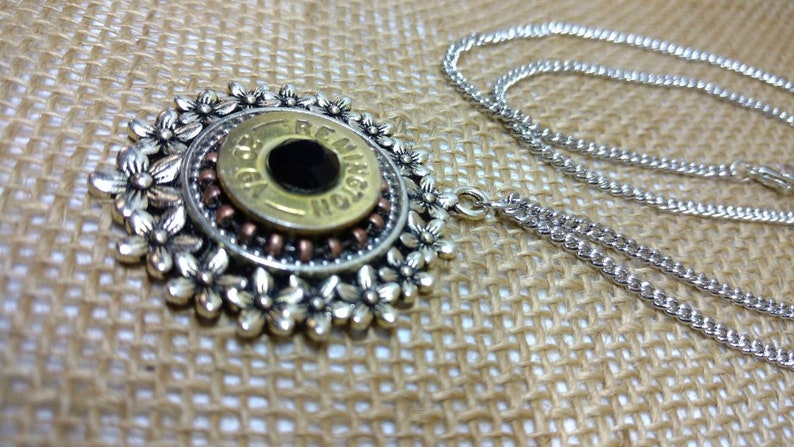 20-Gauge Shotgun Shell Necklace Flower Necklace Jet Black Crystal Mixed Metal Silver Copper Brass Ammo Jewelry Bullet Necklace Shootergirl