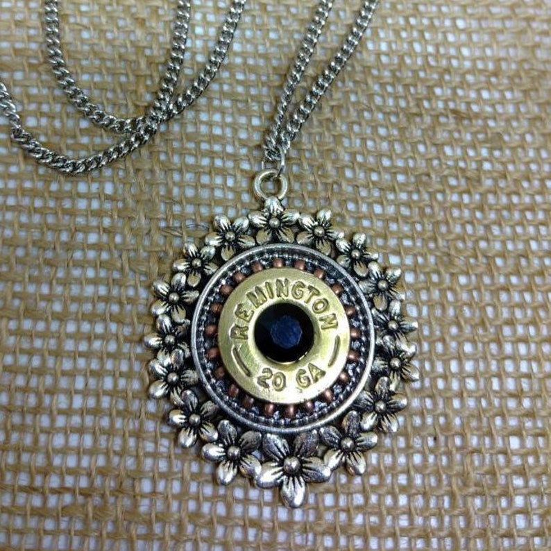 20-Gauge Shotgun Shell Necklace Flower Necklace Jet Black Crystal Mixed Metal Silver Copper Brass Ammo Jewelry Bullet Necklace Shootergirl