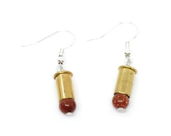Shiny goldstone bead 22 caliber bullet casing earrings