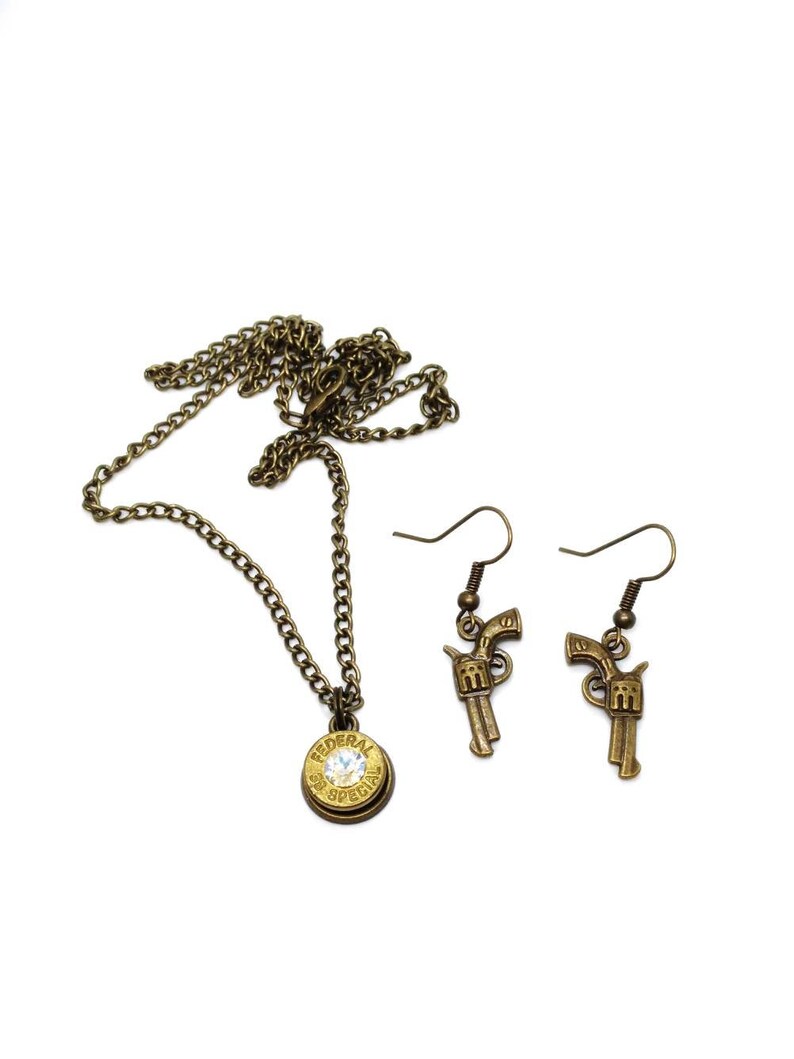 Antique brass .38 special bullet necklace and pistol earrings