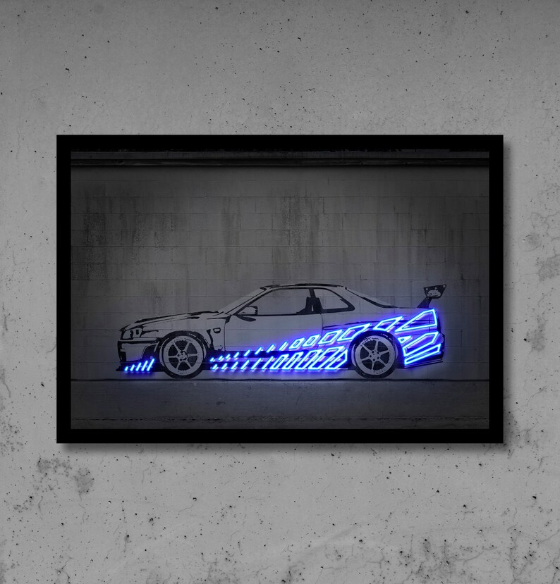 Skyline r34 wall art, neon print poster, street art graffiti, concrete decor, digital neon sign, fast and furious, gift for him, nissan r34 