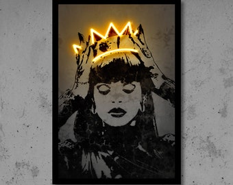 Rihanna crown wall art, neon print poster, street art graffiti, concrete decor, stencil art, digital neon sign, music art, gift for her