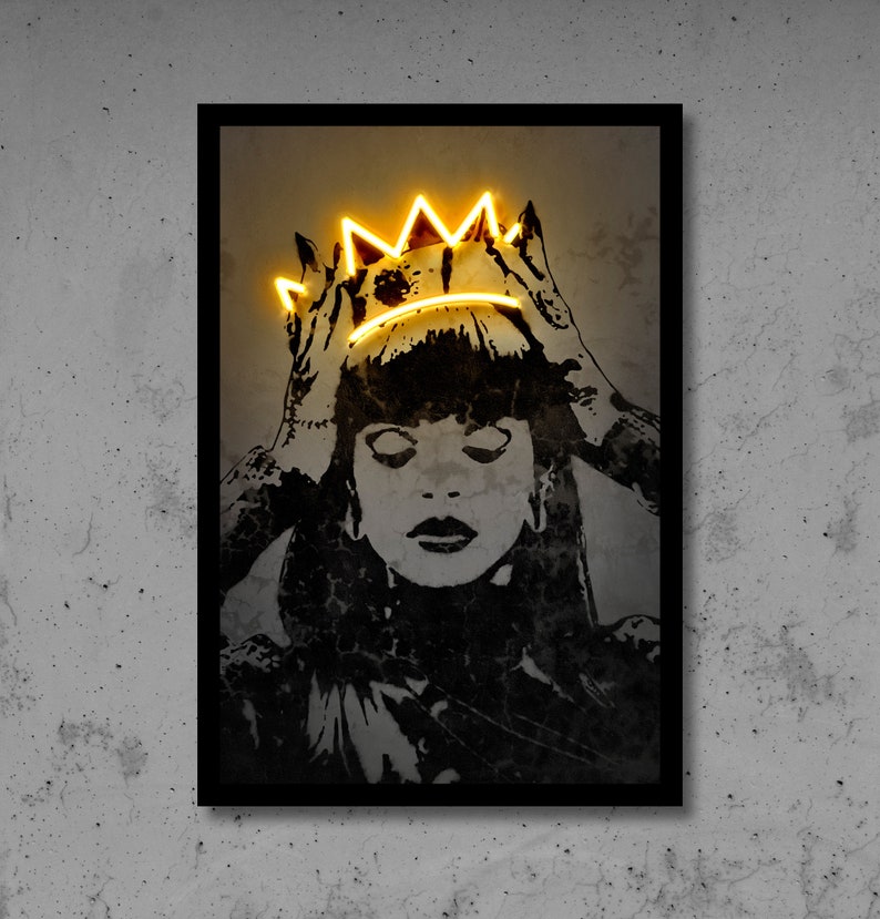 Rihanna crown wall art, neon print poster, street art graffiti, concrete decor, stencil art, digital neon sign, music art, gift for her 