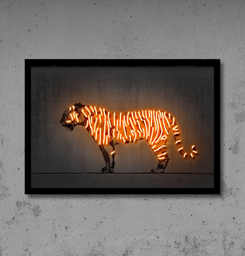 Tiger neon wall art concrete decor animal art home decor digital neon sign stencil art neon print poster street art graffiti