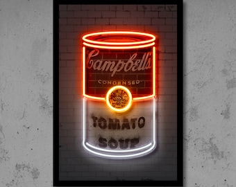 Campbells soup can, wall art, pop art, neon print, tomato soup, poster, home decor, office wall, street art, graffiti art, gift,