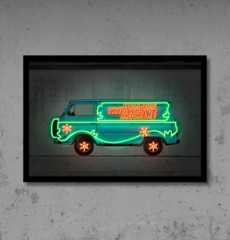 Mystery machine wall art, neon print poster, scooby doo, street art graffiti, concrete decor, stencil art, digital neon sign, gift for him 