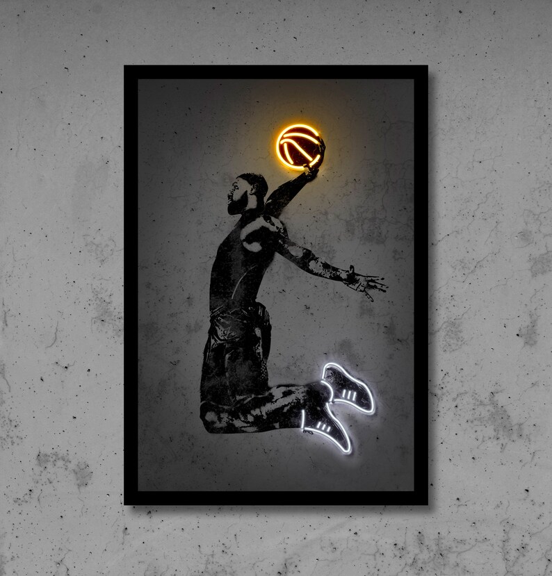 LeBron James wall art, neon print poster, street art graffiti, concrete bricks, stencil art, digital neon sign, basketball poster, sport art 