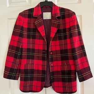 VTG United Colors of Benetton  Red & Charcoal Plaid  Lined Wool Blazer 42IT