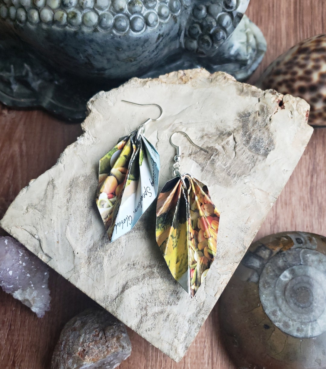 Origami Leaf Earrings. Recycled Paper Earrings. Yellow Orange Etsy