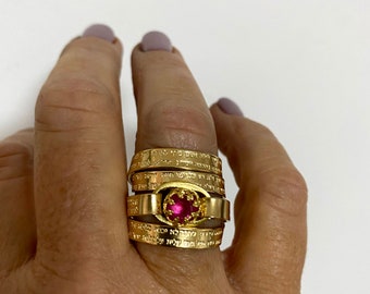 Gold Filled Ring with Pink  Ruby Engraved with the Jewish Psalm of Woman of Valor