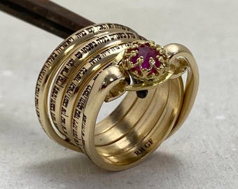 Woman of Valor Engraved Hebrew Ring, Gold Jewish Ruby Ring