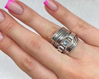 Aquamarine Silver Hebrew Statement Ring Engraved Love Verses Woman of Valor