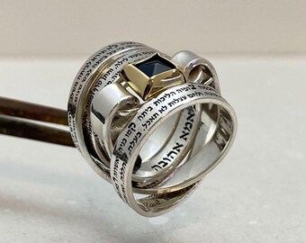 Hebrew Statement Ring Engraved Woman of Valor Sterling Silver 18K setting Onyx