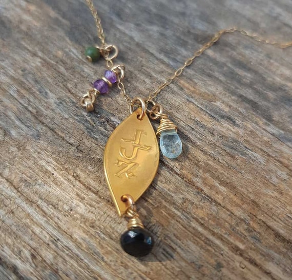 Gold Filled Kabbalah Necklace: Onyx, Amethyst, Aquamarine, Turquoise, Hebrew Jewelry