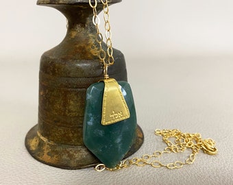 Gold Filled Moss Agate Hebrew Engraved Necklace for Protection Against the Evil Eye