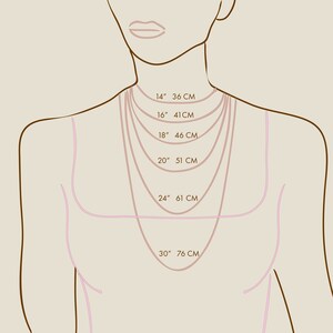 Puede incluir: Un diagrama que muestra las longitudes de los collares en pulgadas y cent&iacute;metros. La imagen muestra una ilustraci&oacute;n estilizada de una persona con varias longitudes de collar: 14" (36 cm), 16" (41 cm), 18" (46 cm), 20" (51 cm), 24" (61 cm) y 30" (76 cm).