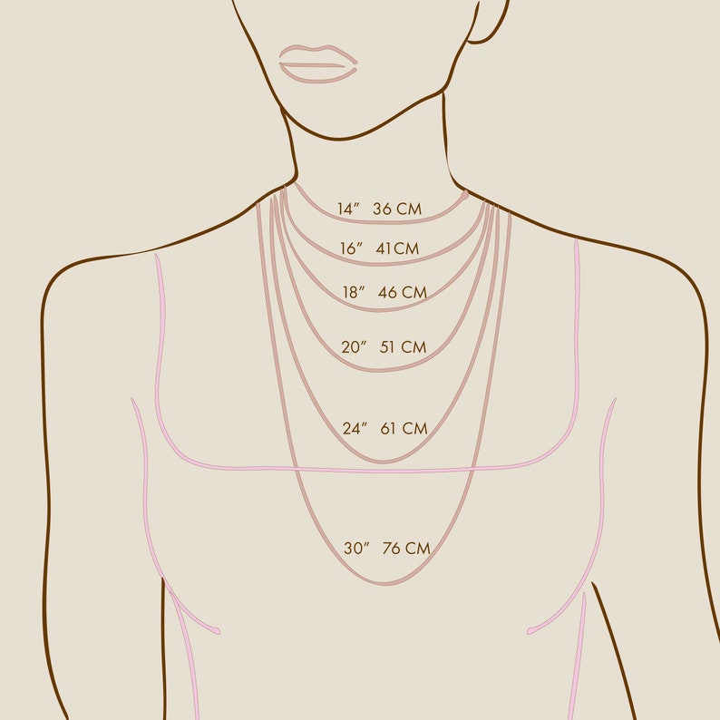 Puede incluir: Un diagrama que muestra las longitudes de los collares en pulgadas y cent&iacute;metros. La imagen muestra una ilustraci&oacute;n estilizada de una persona con varias longitudes de collar: 14" (36 cm), 16" (41 cm), 18" (46 cm), 20" (51 cm), 24" (61 cm) y 30" (76 cm).
