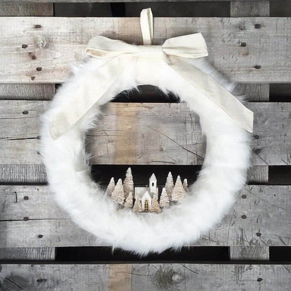Let It Snow Wreath, Winter Wreath, Holiday Wreath, White Wreath, Rustic Wreath, Christmas Wreath, Fur Wreath, Wreath, Village Wreath