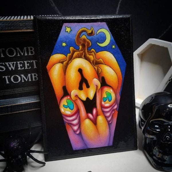 Kawaii Coffin Pumpkin Pencil Drawing / Cute Pumpkin Art Goth Wall Art Gothic Home Decor Spooky Witchy Decor Halloween Art Pumpkin Decoration