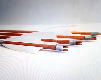 6 Flèches Traditionnelles En Bois - Plumes Jaunes - Pointes Métalliques - Pour Longbow - Neuf