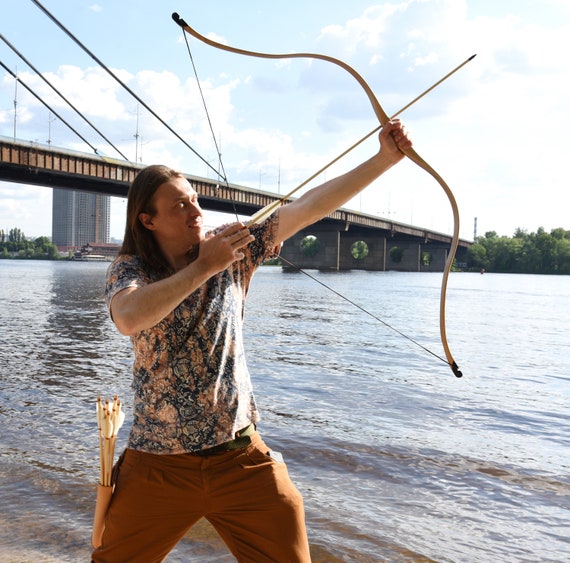 Arco Fatto A Mano 30-50 Libbre Arco Lungo Mongolo 54" Legno - Tradizionale Per Caccia E Pratica 30-50 Libbre Arco Caccia Legno Pero - Foto 3