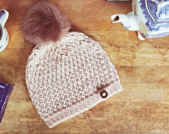 Knit look crochet hat "One more cup of coffee"
