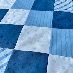 May include: A blue and white patchwork quilt with various patterns, including stars, dots, stripes, and plaid.