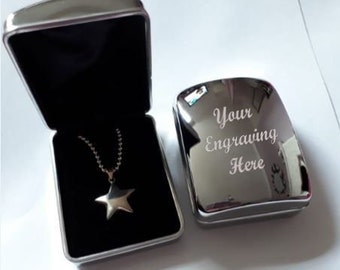 Personalised Silver Chrome Pendant Necklace Presentation Gift Box Case, Custom Engraved Text