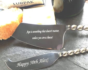 Cheese Knife Gift Set - 2 Stainless Steel Knives with Twisted Handles - Can be Personalised/ Personalized