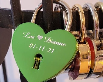 Green Heart Engraved Padlock, Personalised Lock & Key (Large - 45mm), Custom Engraved Love Keepsake.