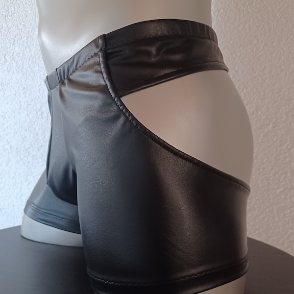 Open Butt Reizwäsche ouvert Faux-Glattleder schwarz Herren Dessous Unterwäsche Lingerie Sissy Boxershort  Gr M Unikat