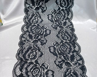 1 m black elastic lace sold by the meter Lace borders with bow end 21 cm